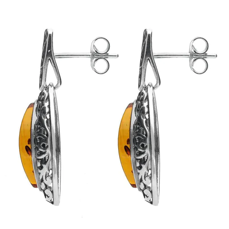 Sterling Silver Amber Ornate Edge Oval Drop Earrings