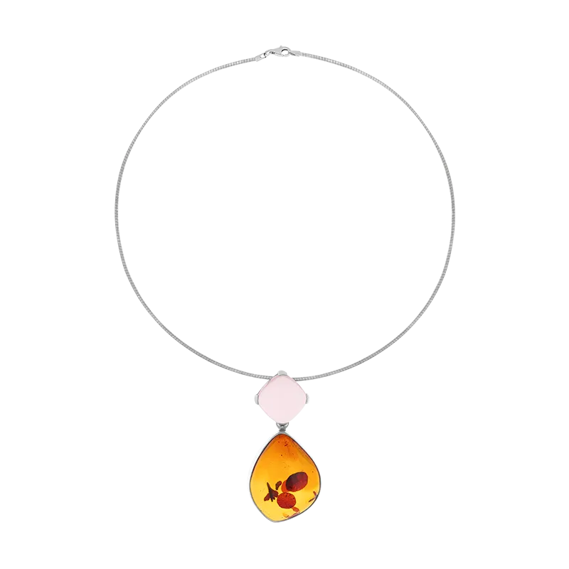 Sterling Silver Amber Rose Quartz Flexible Choker Necklace D