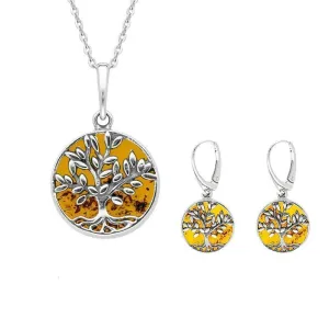 Sterling Silver Amber Round Large Leaves Tree of Life Two Piece Set