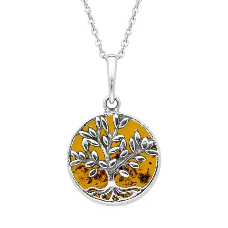 Sterling Silver Amber Round Large Leaves Tree of Life Two Piece Set