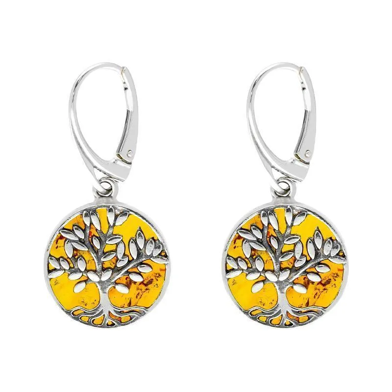 Sterling Silver Amber Round Large Leaves Tree of Life Two Piece Set