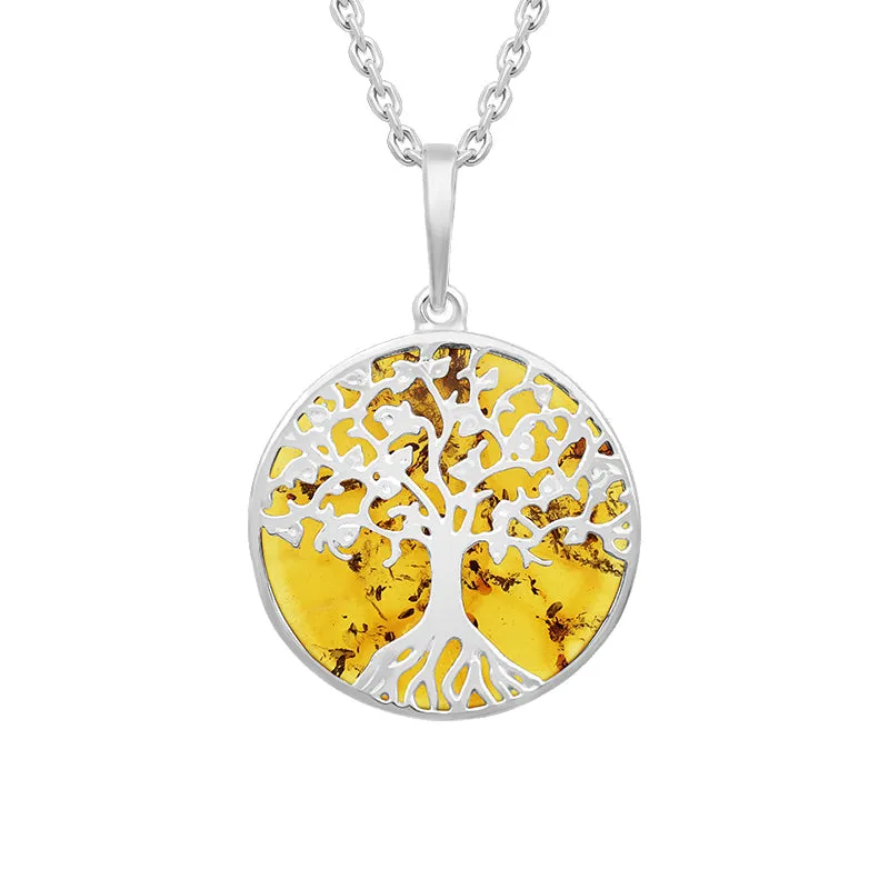 Sterling Silver Amber Round Tree of Life Necklace