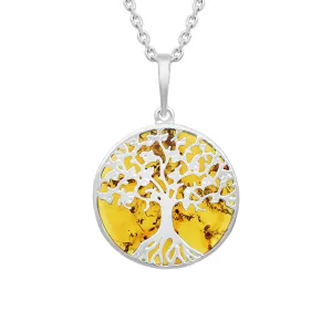 Sterling Silver Amber Round Tree of Life Necklace