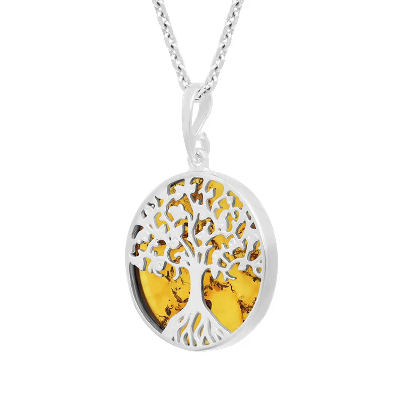 Sterling Silver Amber Round Tree of Life Necklace