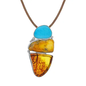 Sterling Silver Amber Turquoise Cord Necklace D