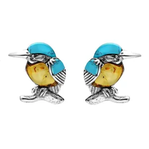 Sterling Silver Amber Turquoise Kingfisher Stud Earrings