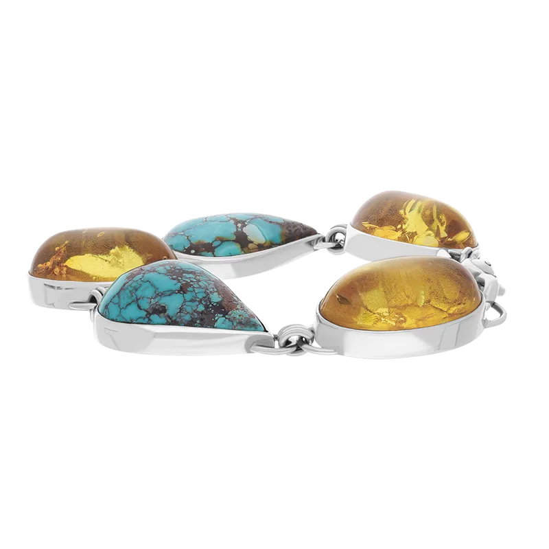 Sterling Silver Amber Turquoise Oval Pear Shaped Five Stone Bracelet