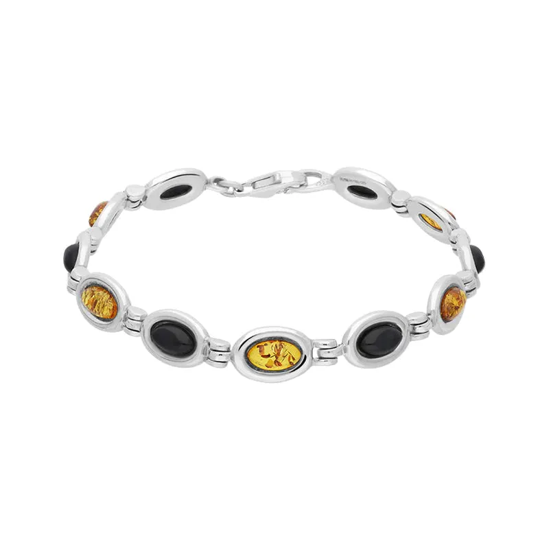 Sterling Silver Amber Whitby Jet Framed Oval Bracelet