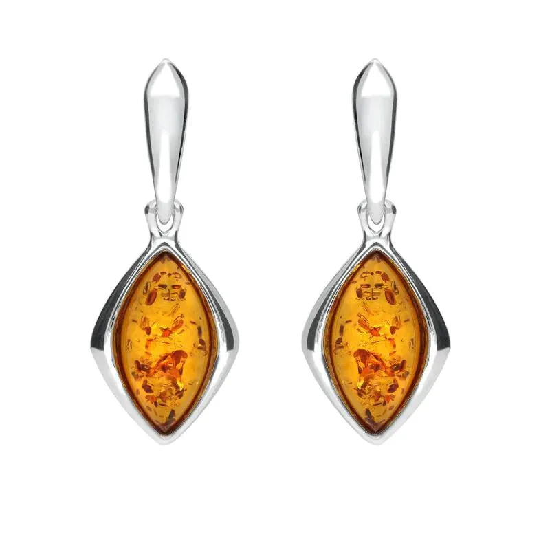 Sterling Silver Amber Wide Marquise Open Back Drop Earrings