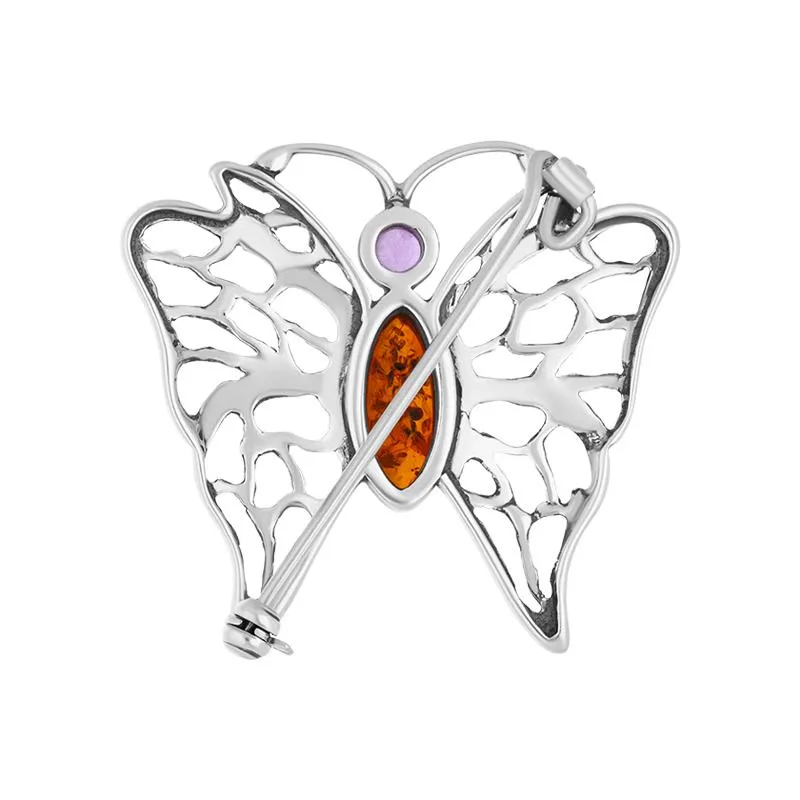 Sterling Silver Baltic Amber Amethyst Butterfly Brooch D