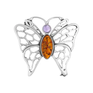 Sterling Silver Baltic Amber Amethyst Butterfly Brooch D
