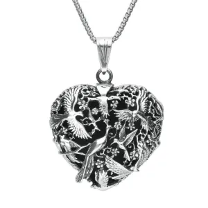 Sterling Silver Bird Heart Large Locket Necklace