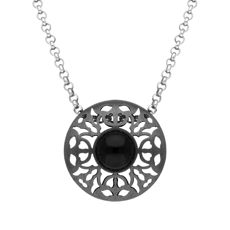 Sterling Silver Black Rhodium Whitby Jet Round Filigree Necklace D