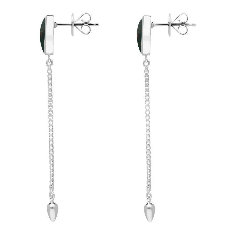 Sterling Silver Bloodstone Lineaire Long Drop Stud Earrings