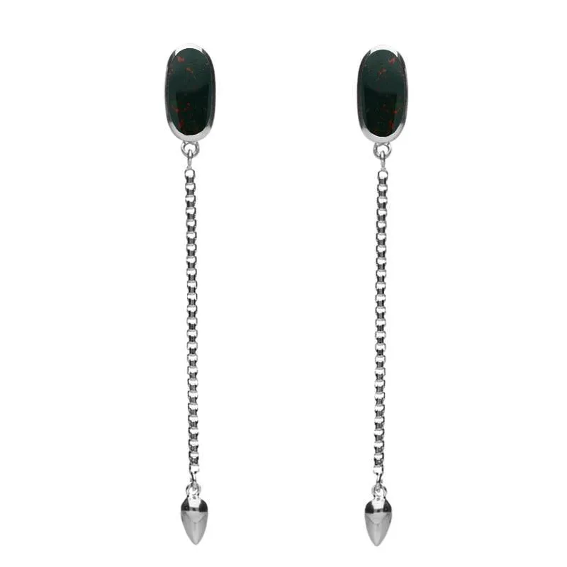 Sterling Silver Bloodstone Lineaire Long Drop Stud Earrings