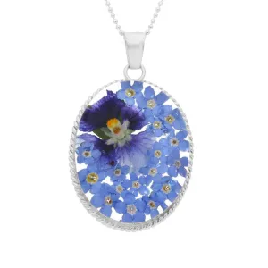 Sterling Silver Blue Floral Oval Rope Edge Necklace