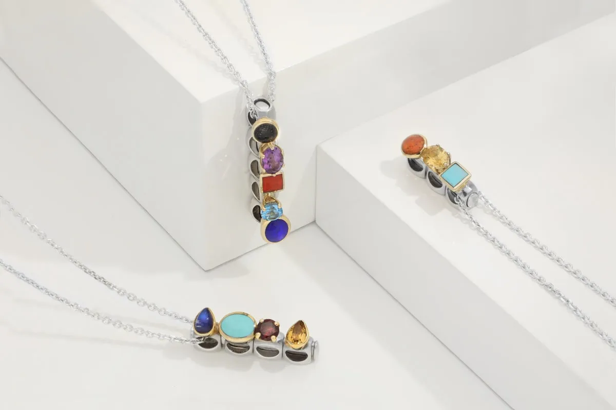Sterling Silver Blue Goldstone Garnet Whitby Jet Amethyst Stepping Stones Four Charm Necklace