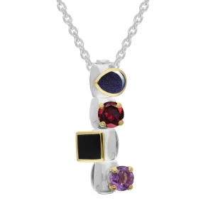 Sterling Silver Blue Goldstone Garnet Whitby Jet Amethyst Stepping Stones Four Charm Necklace