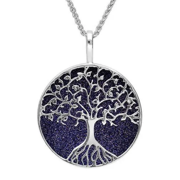 Sterling Silver Blue Goldstone Round Tree Of Life Necklace