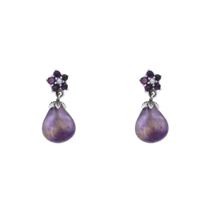 Sterling Silver Blue John Amethyst Pearl Flower Top Drop Earrings