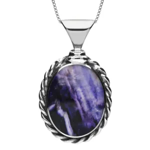 Sterling Silver Blue John Large Oval Rope Edge Necklace