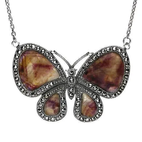 Sterling Silver Blue John Marcasite Butterfly Necklace