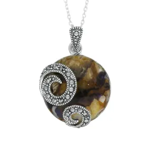 Sterling Silver Blue John Marcasite Double Spiral Round Necklace