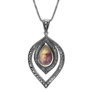 Sterling Silver Blue John Marcasite Fancy Pear Necklace