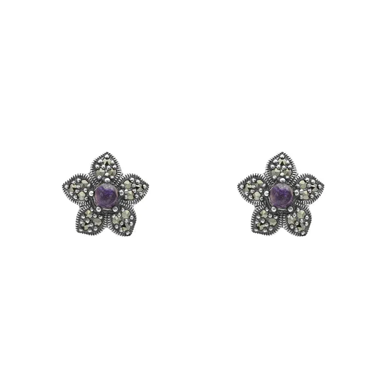 Sterling Silver Blue John Marcasite Flower Stud Earrings