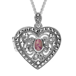 Sterling Silver Blue John Marcasite Heart Locket Necklace