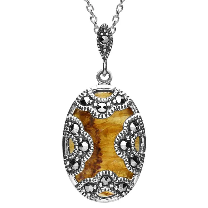 Sterling Silver Blue John Marcasite Oval Art Deco Necklace