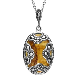 Sterling Silver Blue John Marcasite Oval Art Deco Necklace