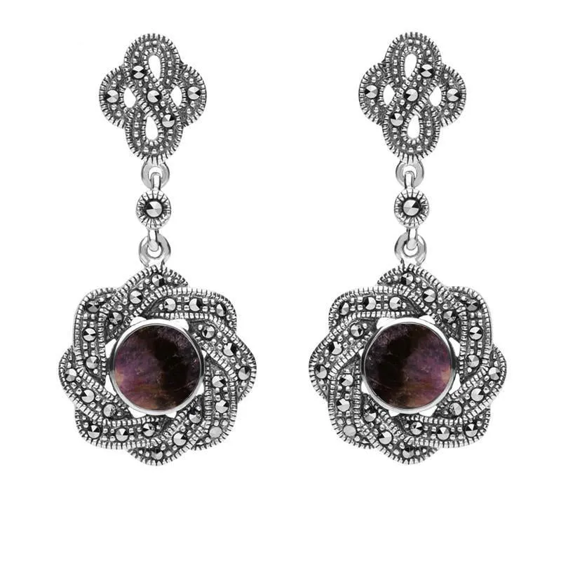 Sterling Silver Blue John Marcasite Overlap Ribbon Drop Earrings