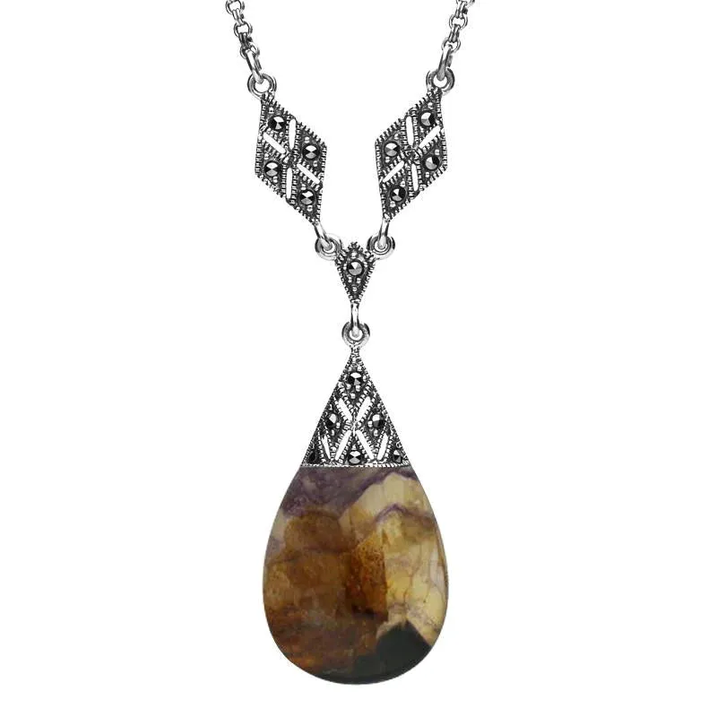 Sterling Silver Blue John Marcasite Pear Drop Necklace