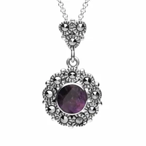 Sterling Silver Blue John Marcasite Round Beaded Drop Necklace