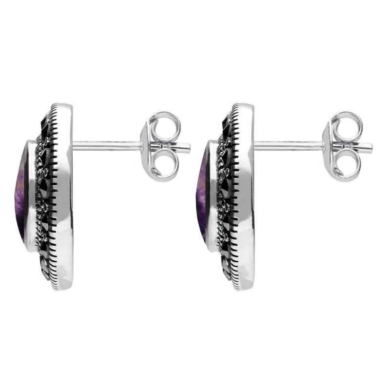 Sterling Silver Blue John Marcasite Round Beaded Edge Stud Earrings