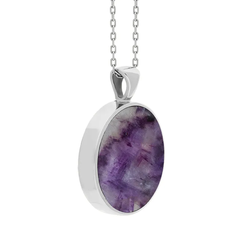 Sterling Silver Blue John Mother Of Pearl Large Double Sided Round Fob Necklace
