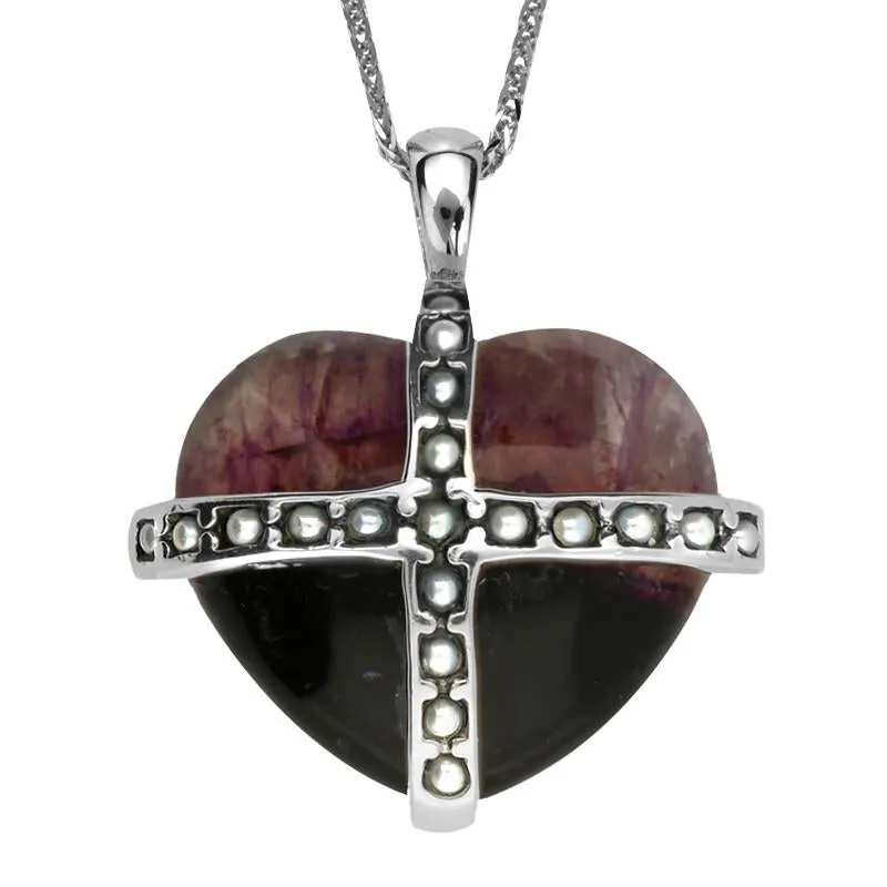 Sterling Silver Blue John Nineteen Pearl Large Cross Heart Necklace