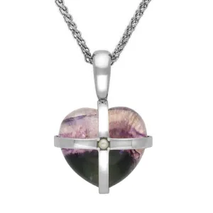 Sterling Silver Blue John One Pearl Small Cross Heart Necklace