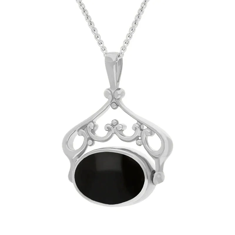 Sterling Silver Blue John Whitby Jet Double Sided Oval Swivel Fob Necklace