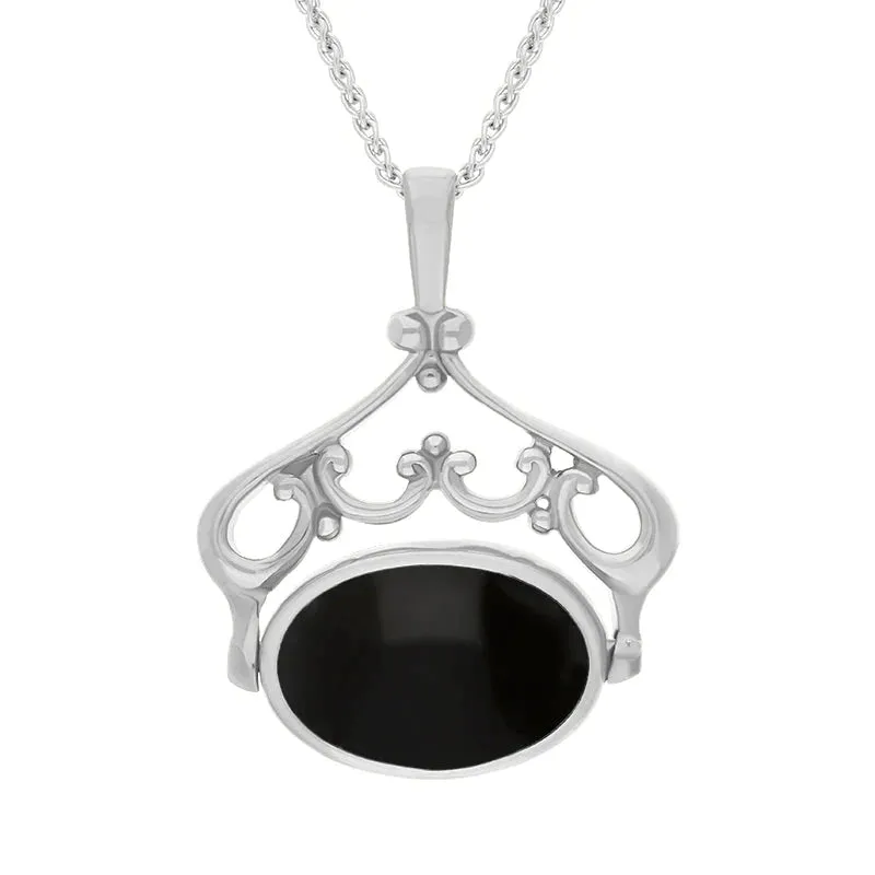Sterling Silver Blue John Whitby Jet Double Sided Oval Swivel Fob Necklace