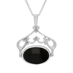 Sterling Silver Blue John Whitby Jet Double Sided Oval Swivel Fob Necklace