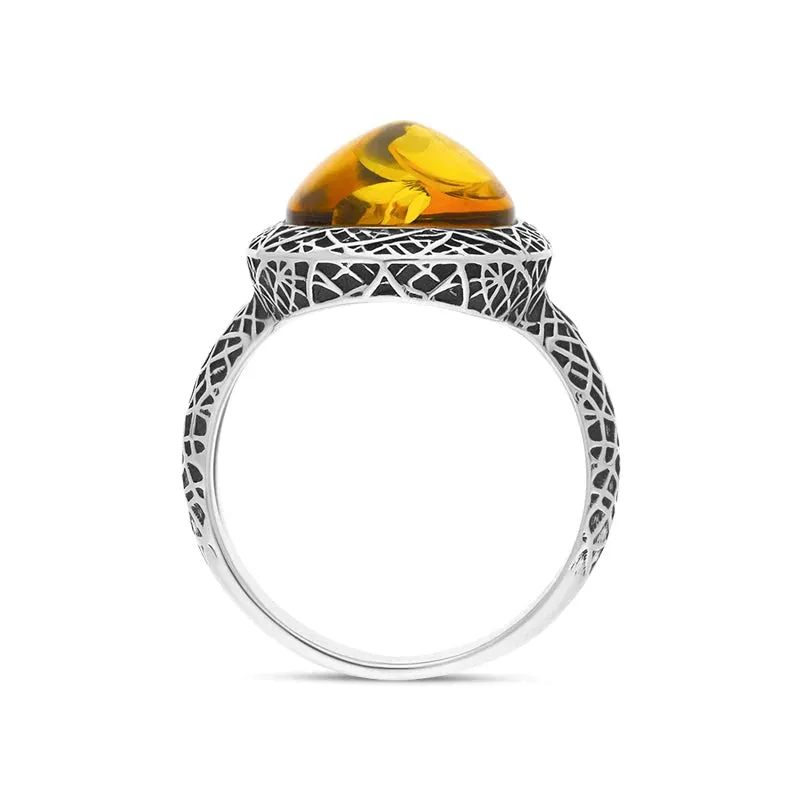 Sterling Silver Cognac Amber Basket Weave Edge Pear Ring
