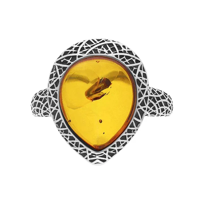 Sterling Silver Cognac Amber Basket Weave Edge Pear Ring
