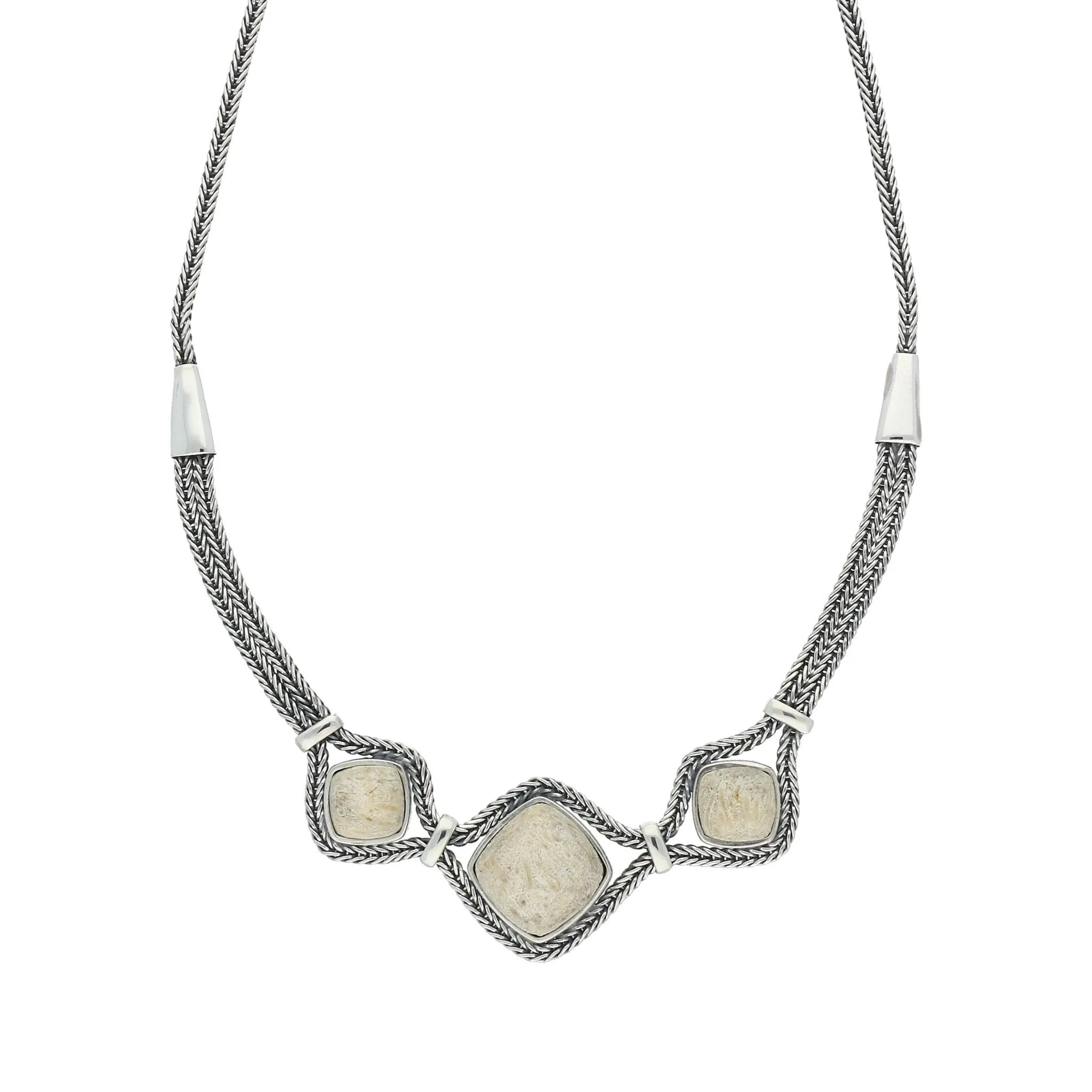 Sterling Silver Coquina Foxtail Three Stone Cushion Necklace