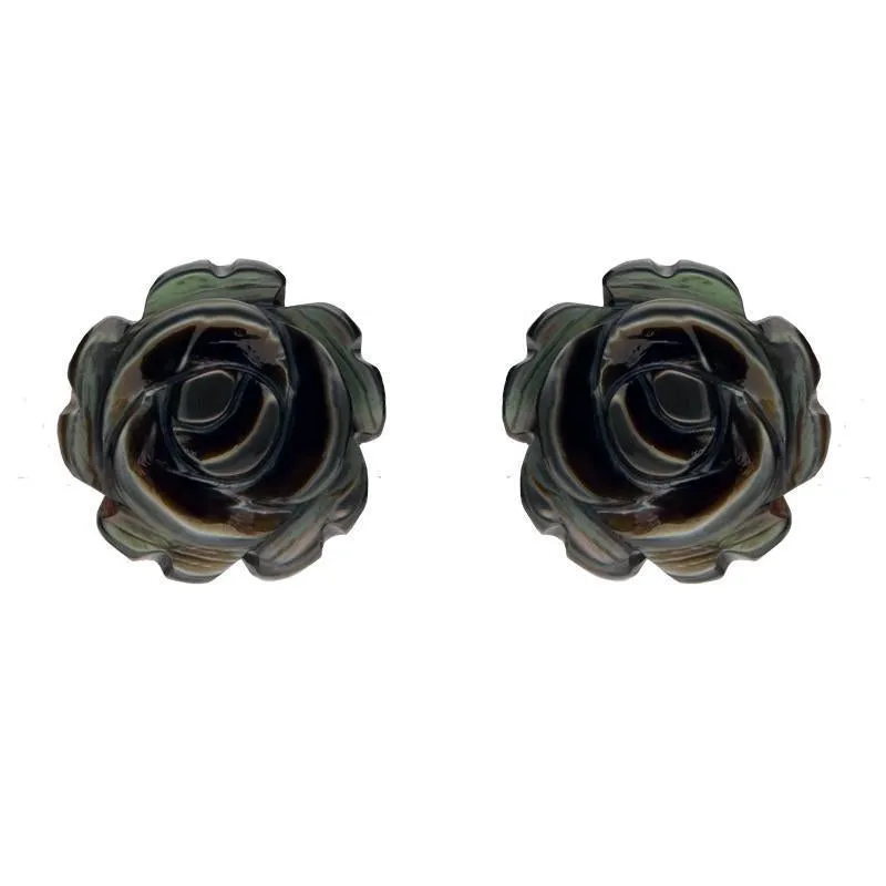 Sterling Silver Dark Mother of Pearl Tuberose 8mm Rose Stud Earrings