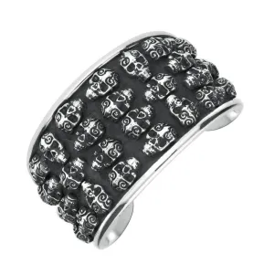 Sterling Silver Day Of The Dead Small Skulls Wide Cuff Bangle