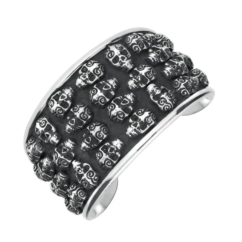 Sterling Silver Day Of The Dead Small Skulls Wide Cuff Bangle