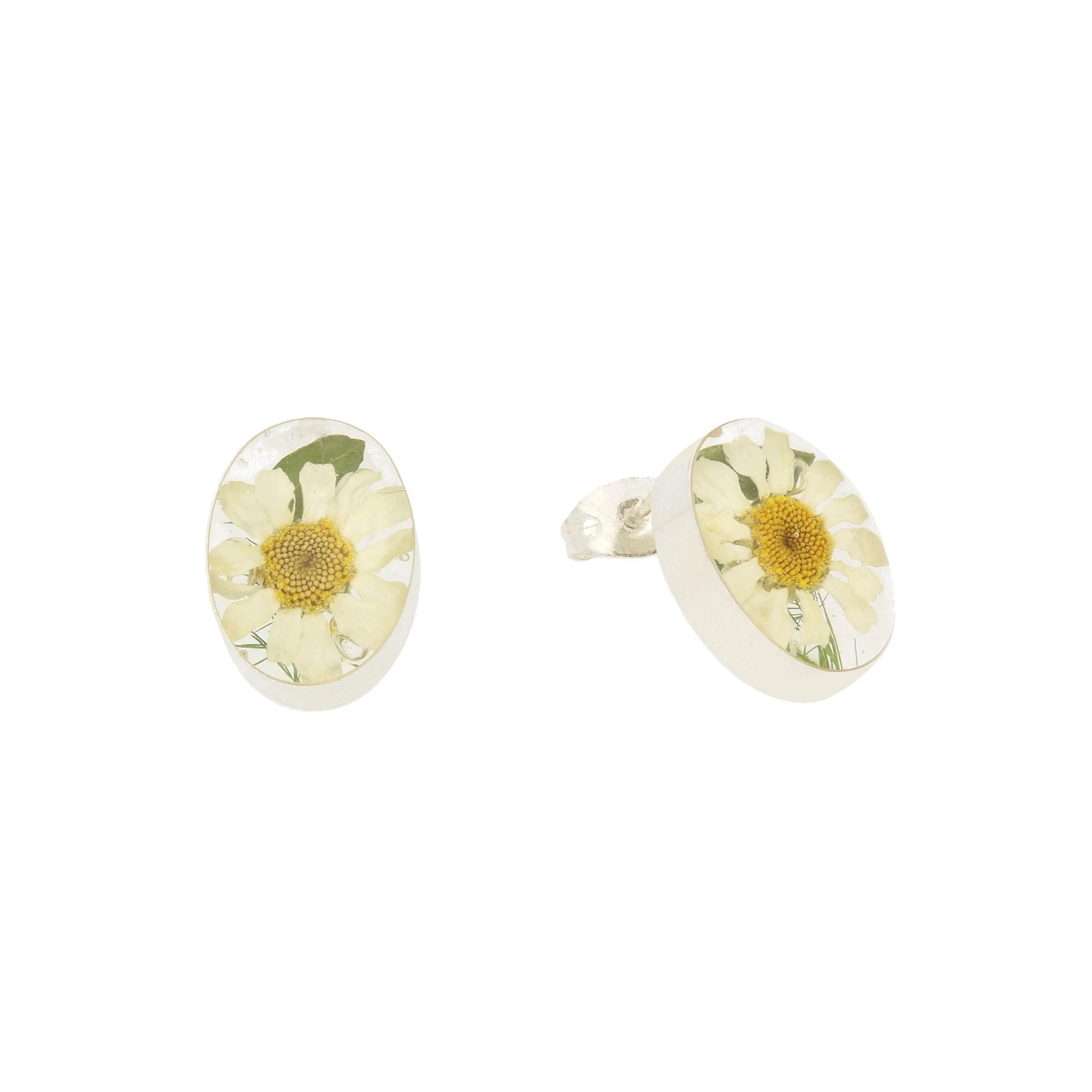 Sterling Silver Floral Daisy Oval Stud Earrings