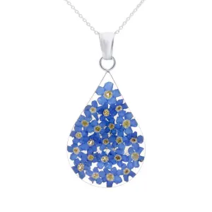 Sterling Silver Floral Forget Me Not Large Teardrop Necklace
